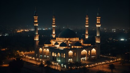 Fototapeta na wymiar Illuminated Mosque in the evening, Ramadan nights.