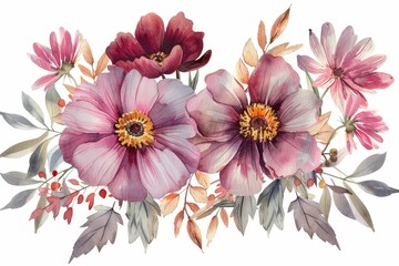 Obraz premium An artistic watercolor composition of blooming flowers in soft hues with detailed petals