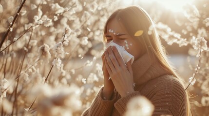 A female sneezing due to pollen allergy. - obrazy, fototapety, plakaty