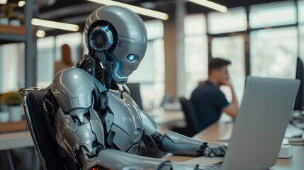 Robot Working in Professional Office on Laptop