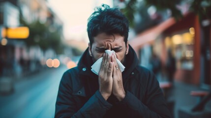 A person sneeze with tissue due to allergy reaction - obrazy, fototapety, plakaty