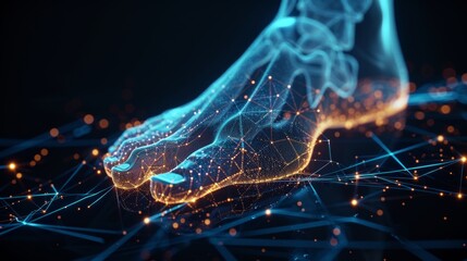 Glowing hologram of human feet 3D with bone structure with dark background. - obrazy, fototapety, plakaty