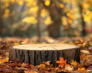 Naklejka na ściany i meble tree stump podium between autumn leaves fall season themed background