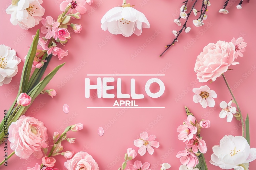 Poster flowers in a pink frame with the text hello april generative ai
