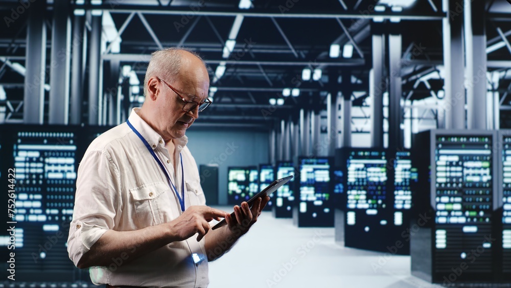 Aufkleber senescent professional navigating network of server rigs in industrial nexus. employee with tablet d