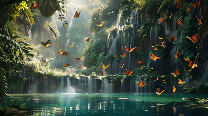a lake with waterfalls and lush greenery, partly composed of butterflies, like purcaraccia in corse - obrazy, fototapety, plakaty