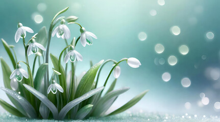 Spring banner with white snowdrops on blurred green blue light bokeh background with copy space.Generative AI
