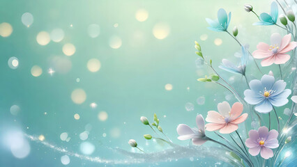 Colorful spring flowers on a light blue shiny bokeh background. Springtime holidays concept.Banner for design with copy space. Generative AI.
