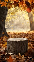 tree stump podium between autumn leaves fall season themed background