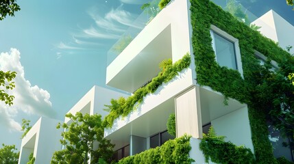 Modern white residential building with green plant walls. Sustainable living, ecology and green urban environment concept