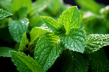 Close Up of Vibrant Green Mint Leaves Bathed in Sunlight. Fresh Herbs and Healthy Living Concept