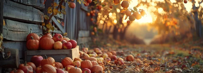 Zelfklevend Fotobehang Autumn Harvest Splendor, A Rustic Scene Adorned with Pumpkins, Apples, and Vibrant Fall Foliage, Celebrating the Essence of the Fall Season. © EverydayStudioArt