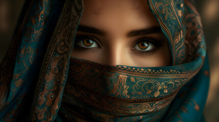 arabic woman. Close-up portrait of a woman with striking blue eyes, veiled in a patterned hijab, exuding mystery and elegance. - obrazy, fototapety, plakaty