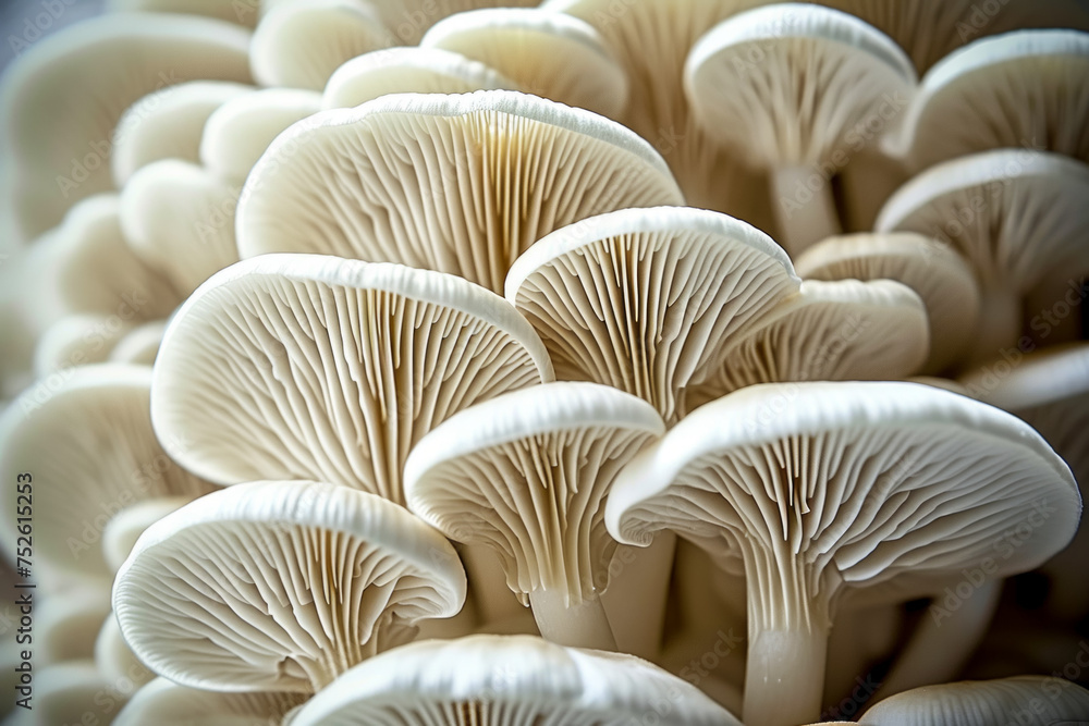 Poster mycelium with mushrooms, bottom view. background with selective focus and copy space