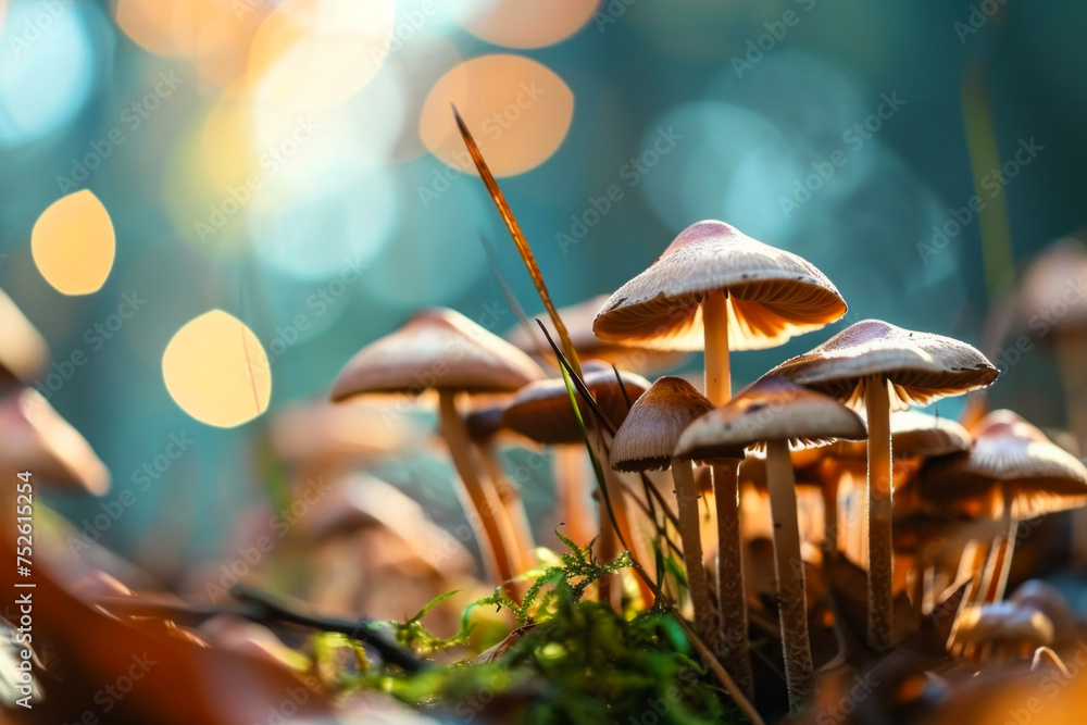 Poster mushrooms in the forest. background with selective focus and copy space