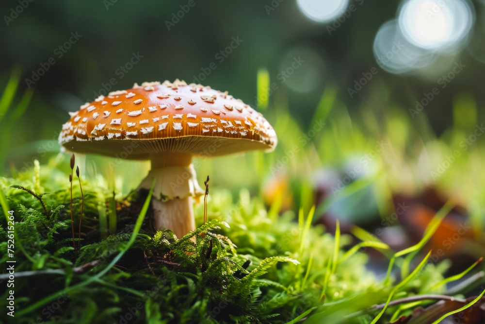 Poster fly agaric in the forest. background with selective focus and copy space
