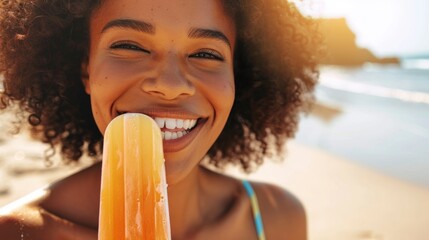 beautiful brunette woman eating ice cream on the beach - obrazy, fototapety, plakaty