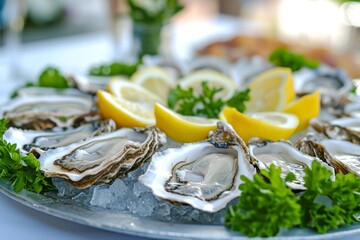 Plate of fresh oysters with lemon on restaurant table