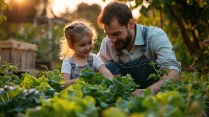 A father and his daughter is growing vegetable at farm.
