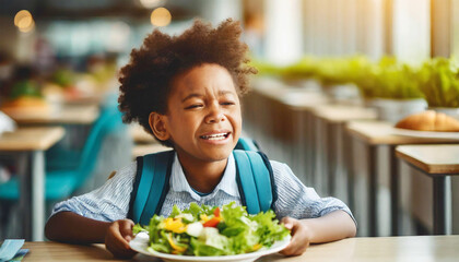 Boy in the school cafeteria don't want to eat lunch of a healthy garden salad. - obrazy, fototapety, plakaty
