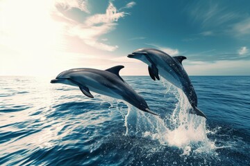 Obraz premium Dolphins jumping above the waves