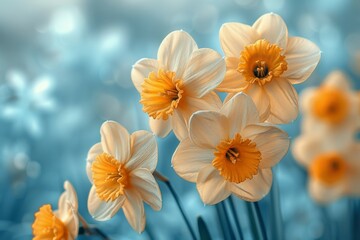 A bouquet of yellow and white flowers with a blue background