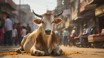 Indian sacred cow on the street of Varanasi, India, Asia, East, ancient architecture, animal, artiodactyl, horns, bull, calf, traditional, elegant, flowers, rite, national, culture, custom