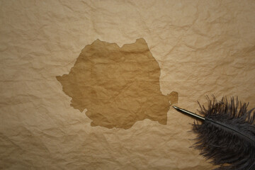 map of romania on a old paper background with old pen