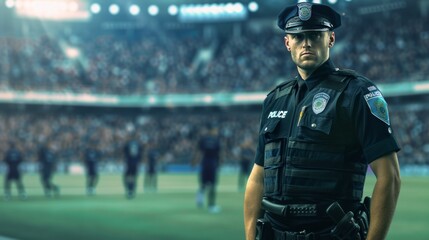 Police officer on active duty in a sports event game inside a stadium