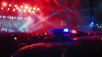 Police car with flashing red blue light parked at a music event