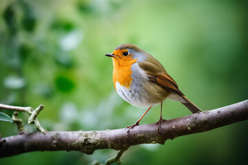 Fototapeta premium European Robin Perched Serenely on a Branch in Lush Green Forest. Wildlife in Natural Habitat