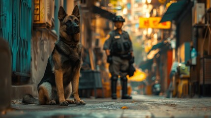Police dog on duty patrol with a police officer in a large city street - obrazy, fototapety, plakaty