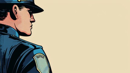 Vector illustration of close-up view of police officer. Comic book.
