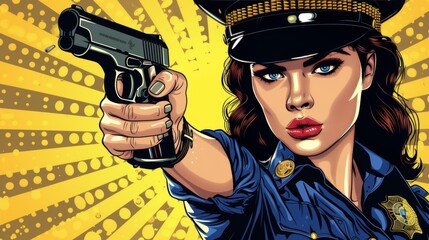 Vector illustration of female police officer holding a gun. Comic book.