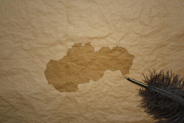 map of slovakia on a old paper background with old pen