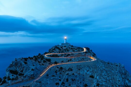 Cap Formentor evening night lighthouse sea text free space travel travel Spain tourism in Majorca, Spain, Europe