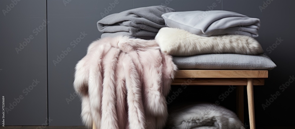 Poster a collection of luxury fluffy throws neatly arranged on a wooden table. the throws are stacked in a 
