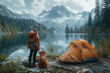 A hiking woman and her dog are looking at the lake with the reflection of the mountains next to their tent at a lakeside campsite. Dog and camping concept.