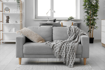 Modern sofa with plaid and cushion in living room