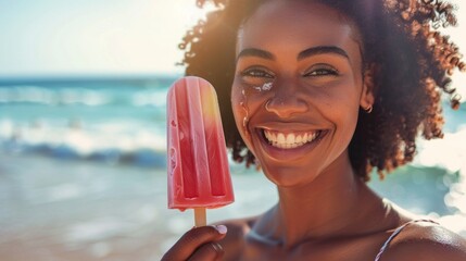beautiful brunette woman with curls eating a popsicle on a sunny beach in summer with the sea in high definition - obrazy, fototapety, plakaty
