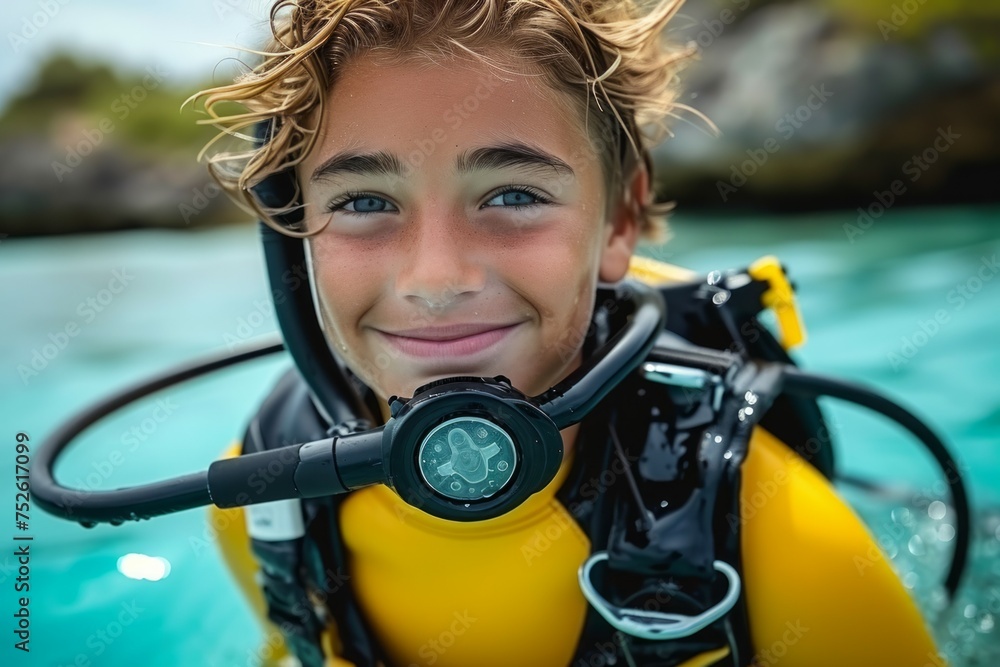 Poster child at diving lessons. background with selective focus and copy space