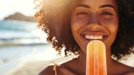 Beautiful brunette woman with curls eating a popsicle on a sunny beach in summer with the sea in the background in high definition and high quality. ice cream,summer concept - obrazy, fototapety, plakaty