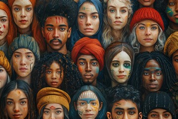 Diverse ethnicity: Multinational and multigenerational faces with unique skin colors and hairstyles