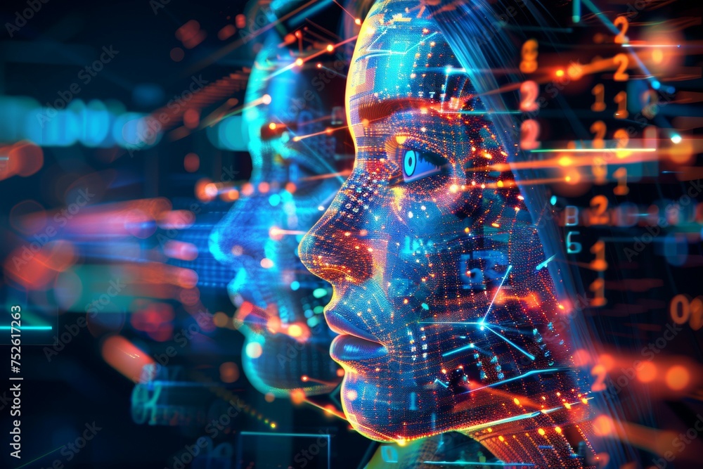 Aufkleber a woman's face is shown in a computer generated image with a lot of numbers