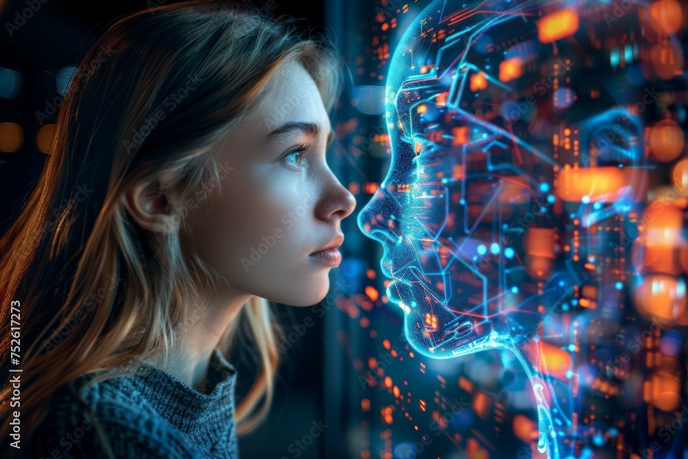 Poster a girl is looking at a computer screen with a face on it