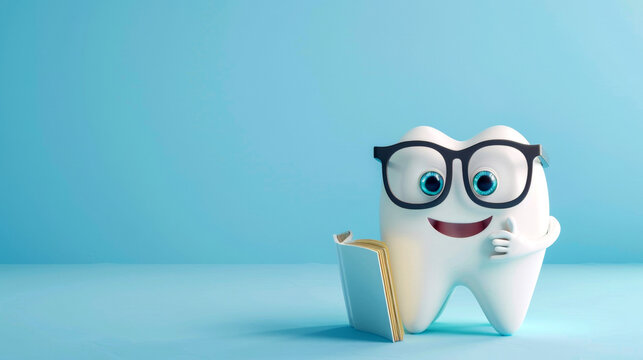 Cute cartoon character of tooth with eyeglasses and book.