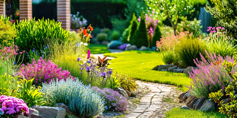 Landscape design with flower beds in home garden