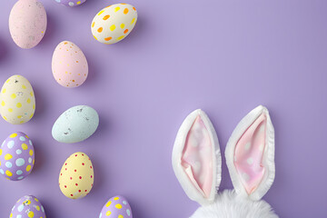 Easter bunny ears and decorated eggs, top view, isolated on a playful lavender background, capturing the whimsical spirit of Easter