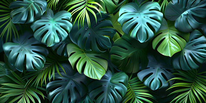 3d Render Of Exotic Palm Leaves In A Tropical Background seamless floral pattern repeats in botanical colors.