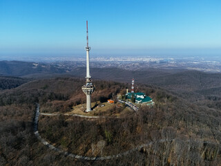 The aerial view of the TV tower, bombed by NATO army in 1999, Irishki venac, Frushka tower, Novi Sad, Serbia, Europe.